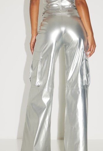 SILVER METALLIC FAUX LEATHER WIDE LEG CARGO TROUSERS