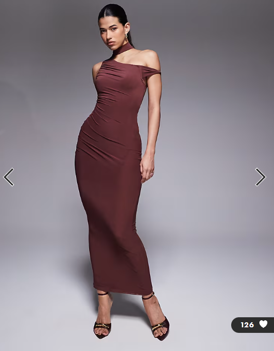 The Frolic exclusive slinky off shoulder scarf neck detail bodycon maxi dress in brown