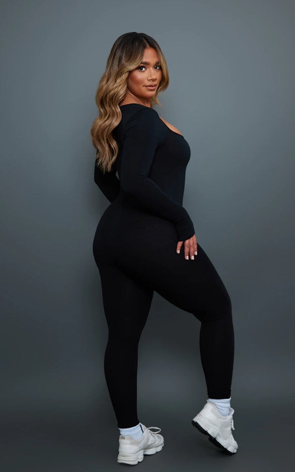 Shape Black Contour Jersey Ruched Bust Long Sleeve Jumpsuit