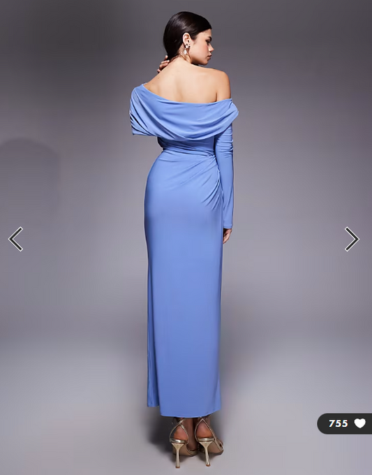 ASOS DESIGN slinky long sleeve fallen shoulder maxi dress with drape detail in light blue