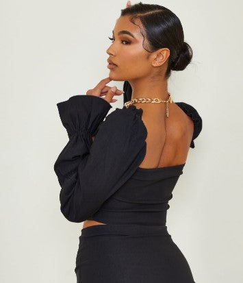 Black Woven Stretch Frill Ruched Front Long Sleeve Crop Top