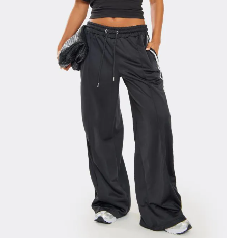 Tie Waist Contrast Stripe Track Pants In Black