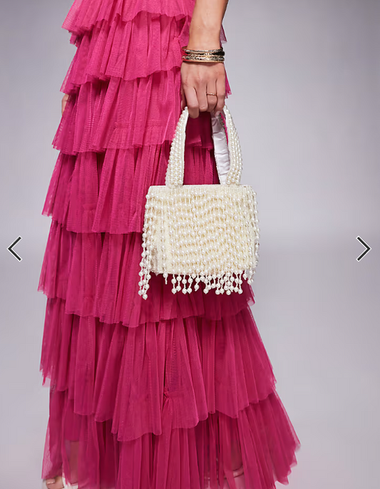 True Decadence pearl tassel beaded bag in white