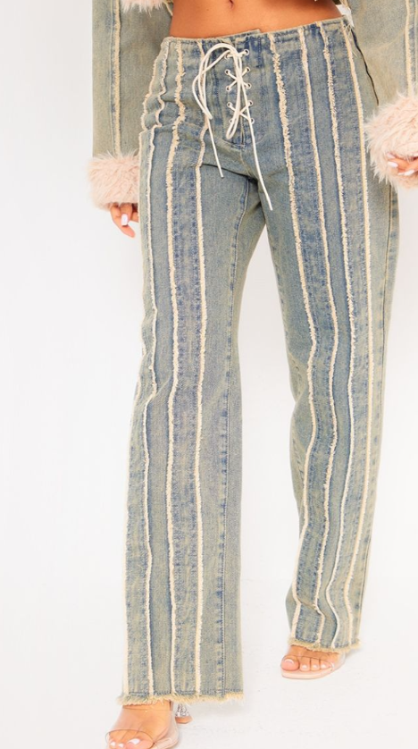 Petite Vintage Wash Fray Detail Lace Up Straight Leg Jeans