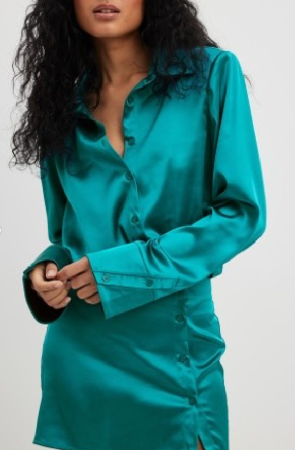 NAKD - Satin Longsleeve Shirt Dress- Green Blue