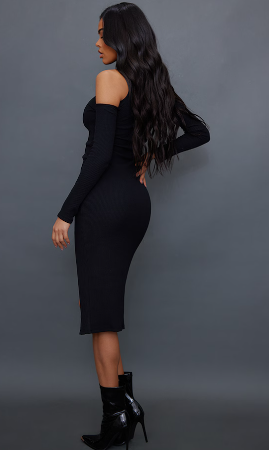 Black Rib Cold Shoulder Split Detail Midaxi Dress