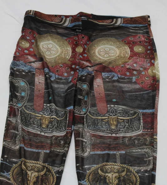 Multi Mesh Belt Print Flare Trousers