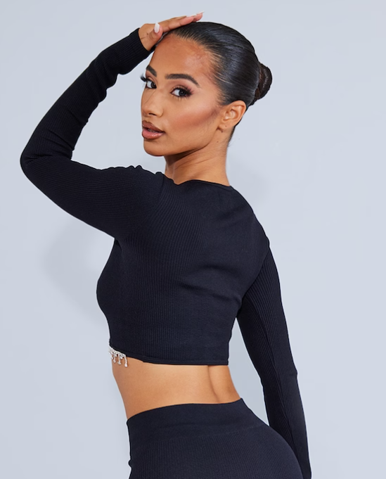 Petite Black Diamante Detail Contour Rib Crop Top