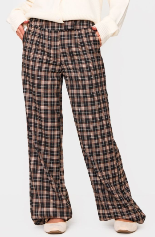 Plt - Petite Brown Check Print Woven Low Rise Wide Leg Trousers