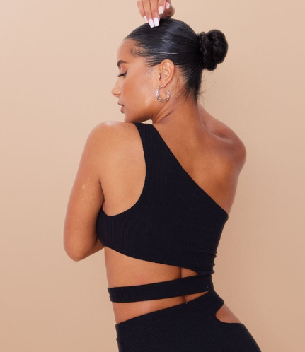 Black Crinkle Rib One Shoulder Cut Out Crop Top