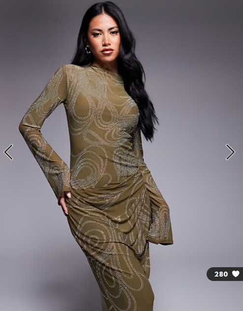 ASOS DESIGN embellished artwork hotfix long sleeve maxi dress with ruched skirt in dark olive green
