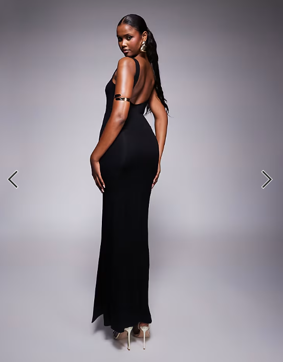 ASOS DESIGN square neck maxi dress with hardware trim and tie waist detail in black