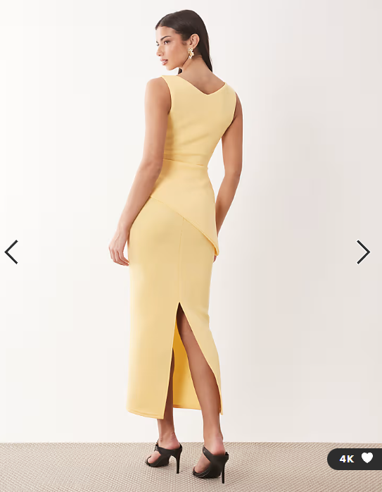 ASOS DESIGN drape asymmetric midi dress in lemon scuba-style fabric