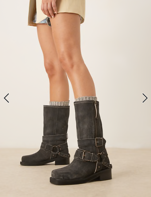 ASOS DESIGN Casey leather hardware biker knee boots in aged black suede