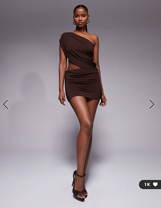 Tiger Mist Ryland off shoulder drape cut out detail mini dress in chocolate
