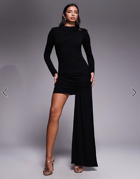ASOS DESIGN long sleeve drape mini dress with gold trim and sash detail in black