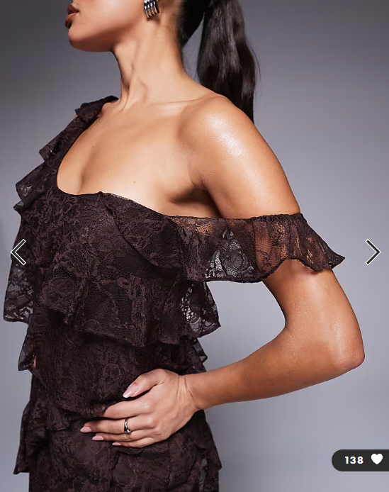 ASOS DESIGN one shoulder mixed lace ruffle midaxi dress in chocolate brown