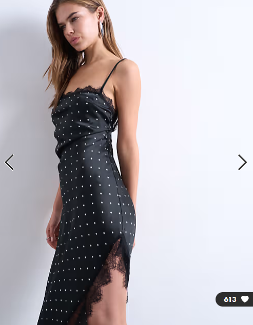 Topshop satin asymmetric lace trim midi slip dress in black polka dot