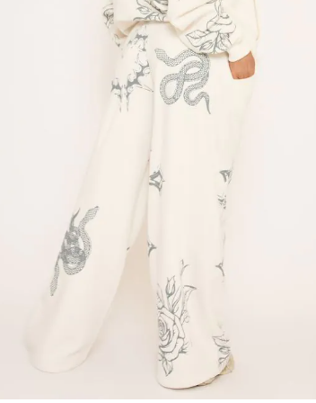 High Waist Contrast Print Detail Wide Leg Joggers In Cream