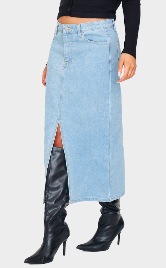 Light Blue Wash Split Front Mid Rise Denim Midi Skirt