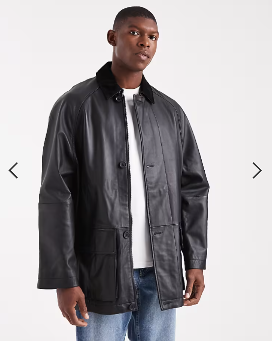 ASOS DESIGN mid length coach jacket in real leather in black
