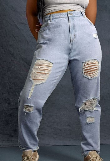 Plus Light Blue Wash Distressed Mom Jeans