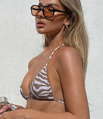 Brown Zebra Print Adjustable String Tie Padded Triangle Bikini Top
