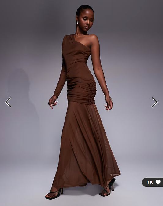 ASOS DESIGN mesh one sleeve gauged detail maxi dress with full skirt in brown