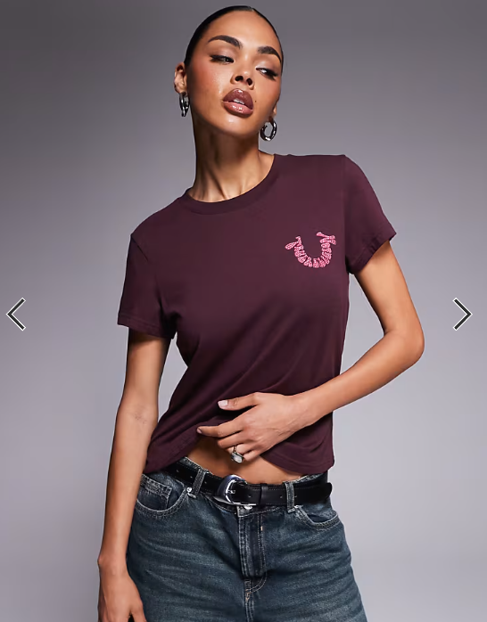 True Religion baby tee with diamante logo back print in burgundy