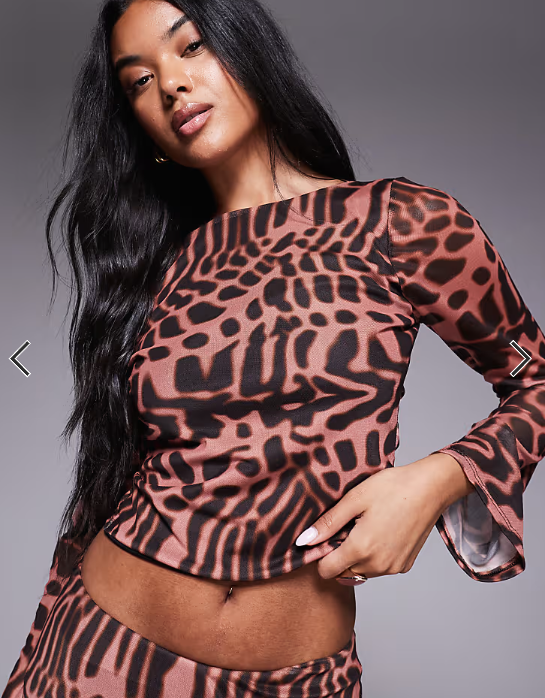 ASOS DESIGN co-ord mesh flare sleeve top in animal print
