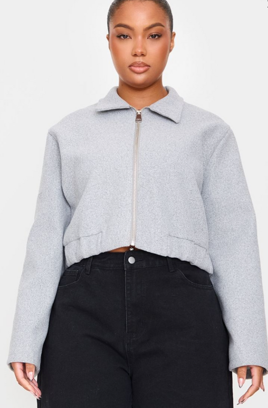 Plt - Plus Grey Marl Zip Up Textured Elasticated Waist Jacket