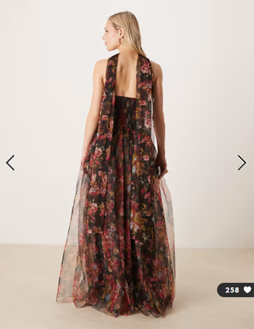 Lace & Beads Petite scarf neck corset tulle maxi dress in black floral print