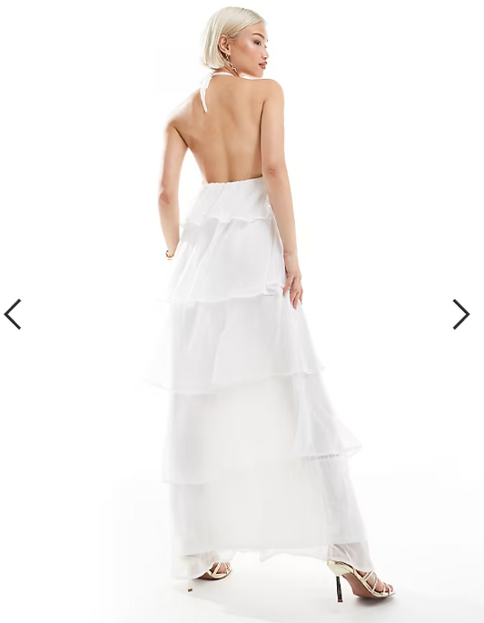 Pieces ruffle tiered maxi dress with corsage detail in white
