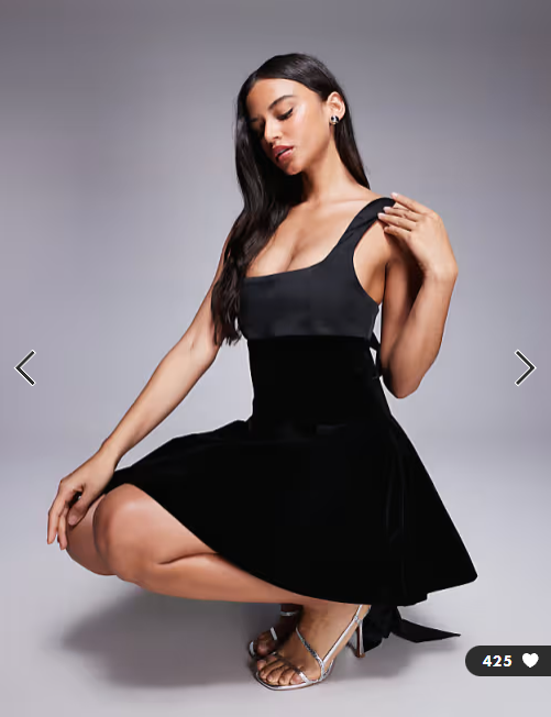 Murci satin contrast square neck bow tie back velvet mini dress in black