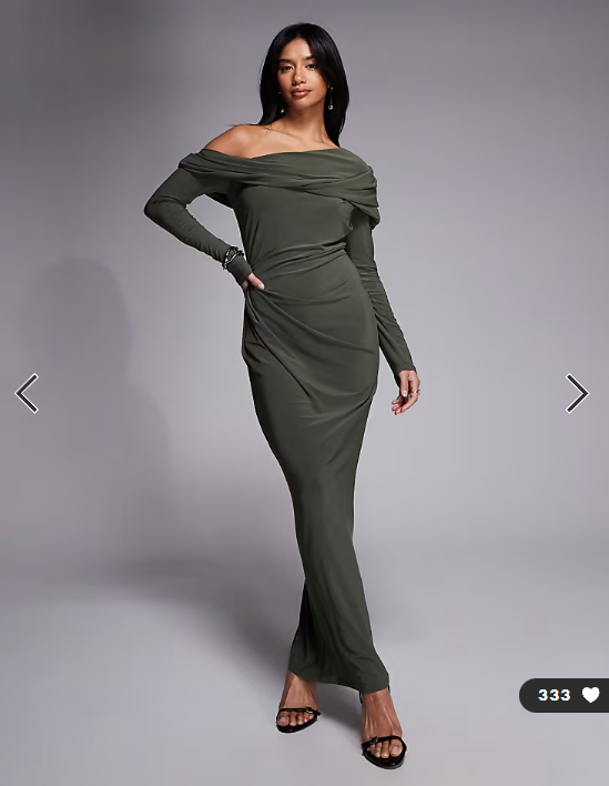 ASOS DESIGN Petite slinky long sleeve fallen shoulder with drape and ruching detail maxi dress in khaki