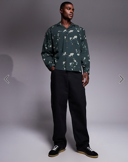ASOS DESIGN oversized revere shirt with floral digital print in dark green