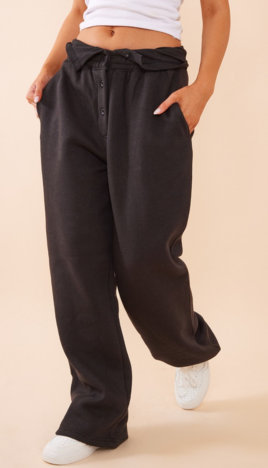 Black Rib Turnover Waistband Wide Leg Joggers