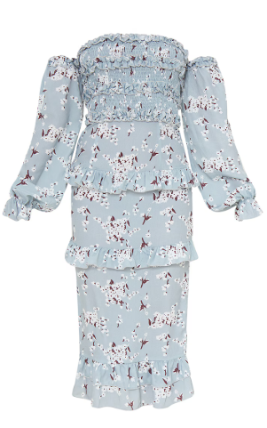 Blue Floral Print Shirred Ruffle Bardot Midi Dress.