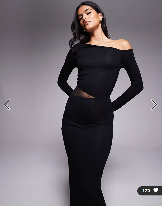 ASOS DESIGN asymmetric long sleeve midi dress with mesh panel waist in black