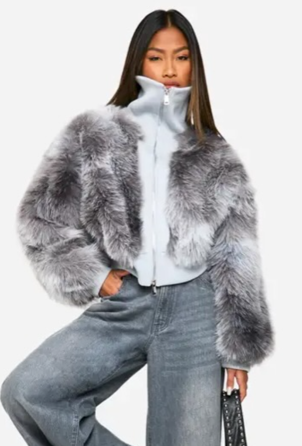 Plt ombre shaggy faux fur zip up jacket grey