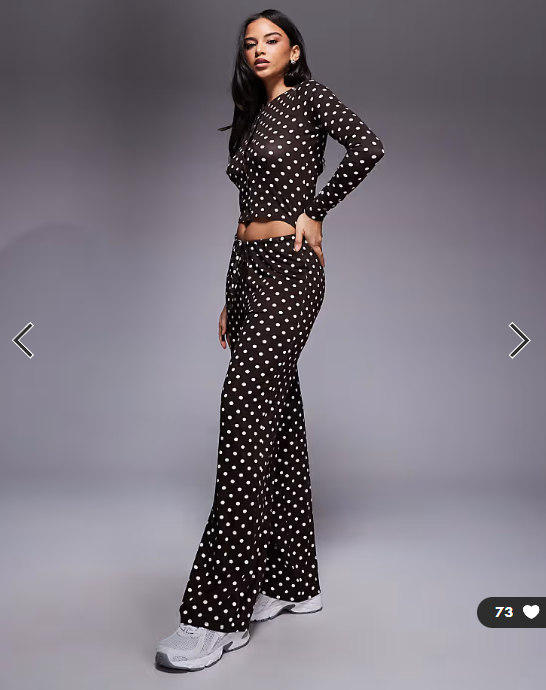 Kaiia exclusive super soft jersey button through long sleeve top co-ord in brown and cream polka dot