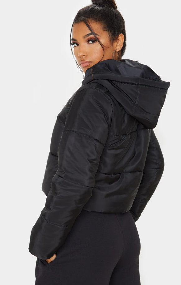 Black Basic Hooded Cropped Puffer