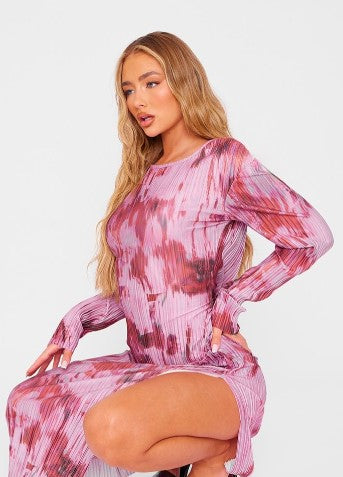 Pink Print Plisse Long Sleeve Split Detail Midaxi Dress