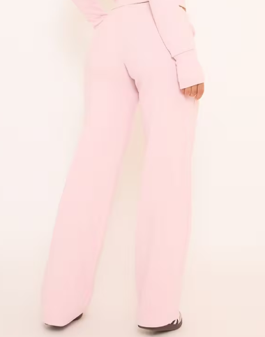 Drawstring Waist Straight Leg Trousers In Pink Ribbed