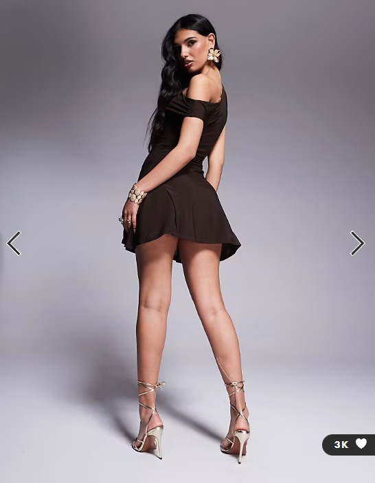 Kaiia exclusive double layered slinky off shoulder drape detail fitted waist mini skater dress in chocolate brown
