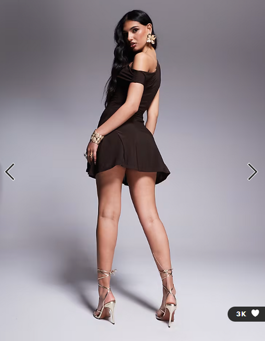 Kaiia exclusive double layered slinky off shoulder drape detail fitted waist mini skater dress in chocolate brown