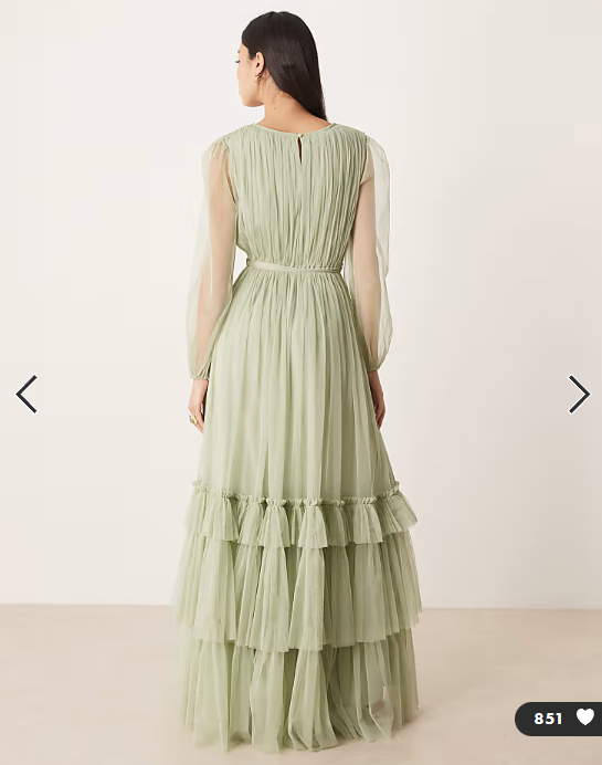 Lace & Beads Bridesmaid crew neck sheer sleeve tiered maxi dress in sage green