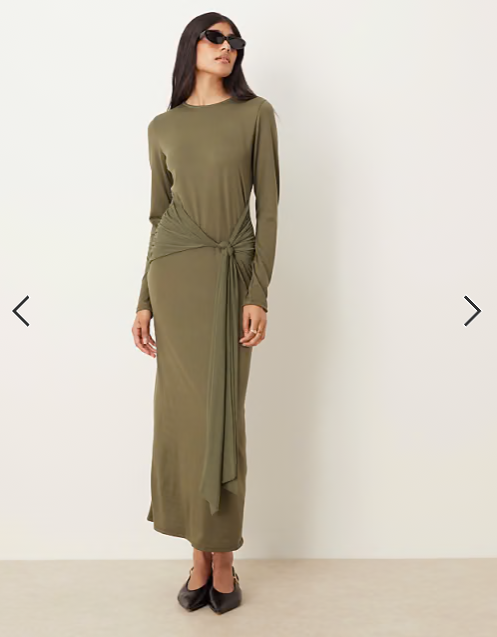 ASOS DESIGN long sleeve tie front maxi dress in khaki