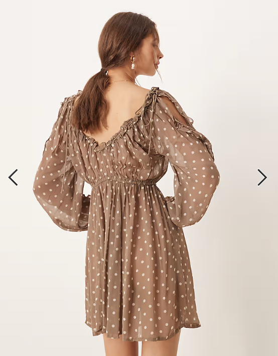 ASOS DESIGN ruffle v neck mini dress with tie front in chocolate spot