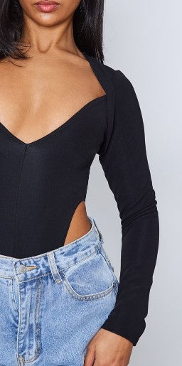 Black Stretch Woven High Rise Plunge Long Sleeve Bodysuit